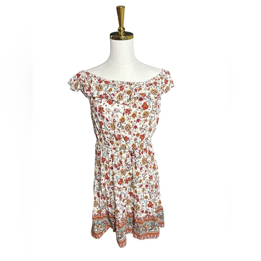 BeBop Strapless Off Shoulder Floral Mini Dress - Red and Orange Size L